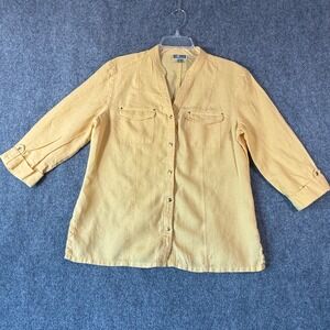 JM Collection Linen Button Down Shirt Top Gold Yellow‎ Mandarin Collar Size 10